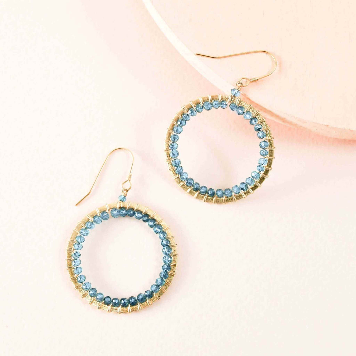 London Blue Quartz Halo Earrings with 14k gold plated French hooks and lightweight design