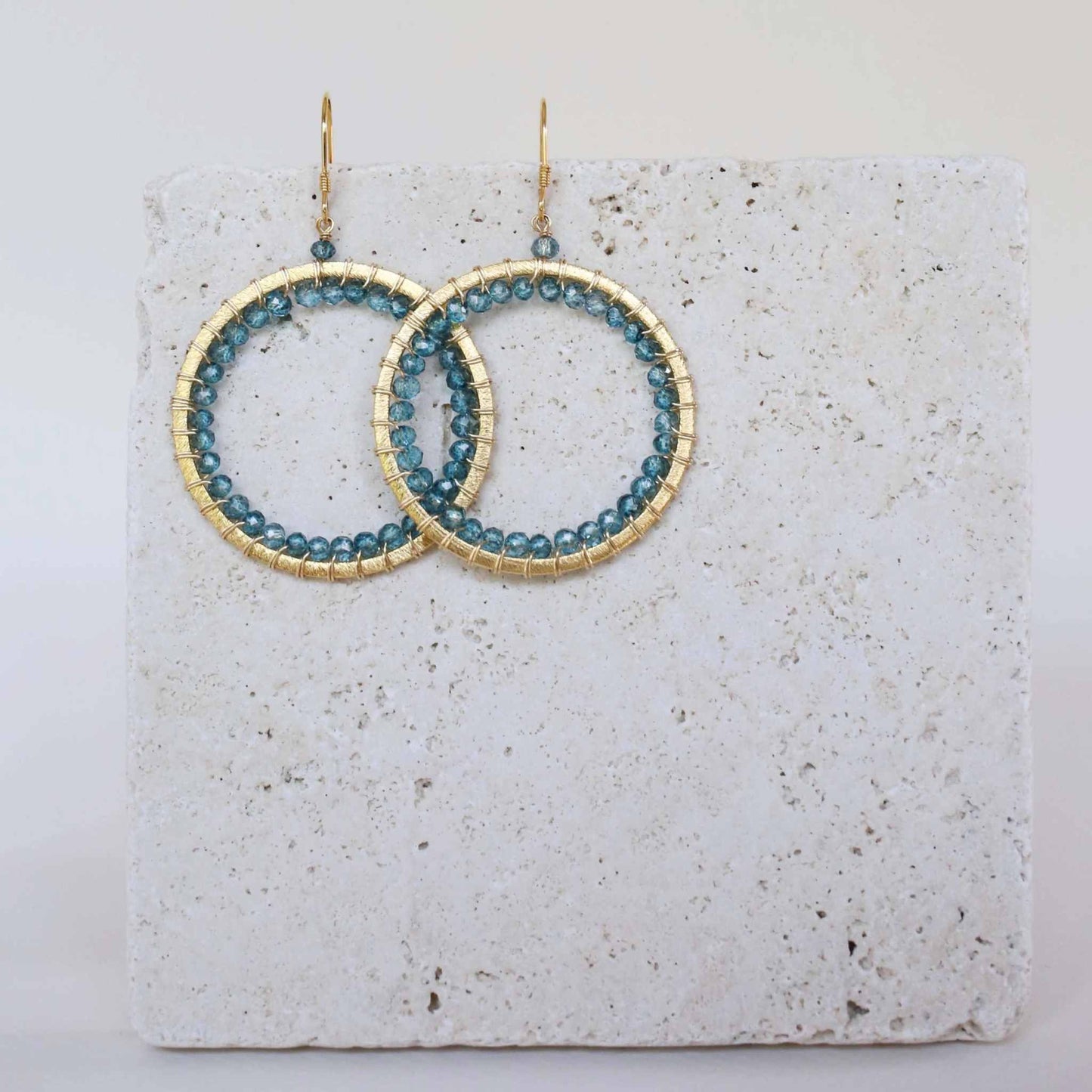 London Blue Quartz Halo Earrings 14k gold plated sterling silver with French hooks in bespoke gift box