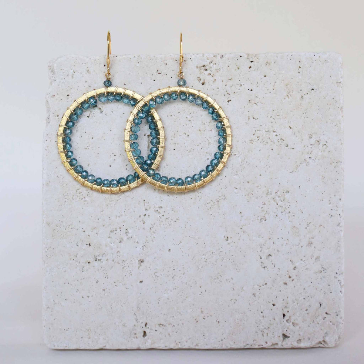London Blue Quartz Halo Earrings 14k gold plated sterling silver with French hooks in bespoke gift box