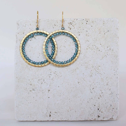 London Blue Quartz Halo Earrings 14k gold plated sterling silver with French hooks in bespoke gift box