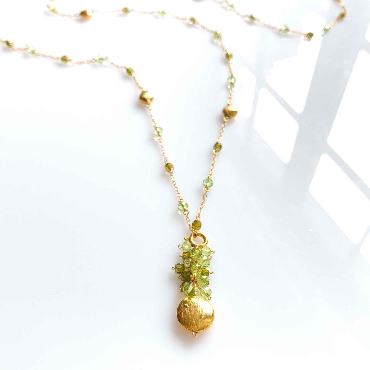 Long peridot and green amethyst beaded chain necklace with detachable pendant