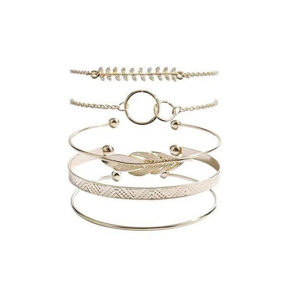 Luxruy Modern Bohemian Gold Color Moon Leaf Crystal Opal Open Bracelet Set for Women In Boho Beach Bangle Jewelry Style