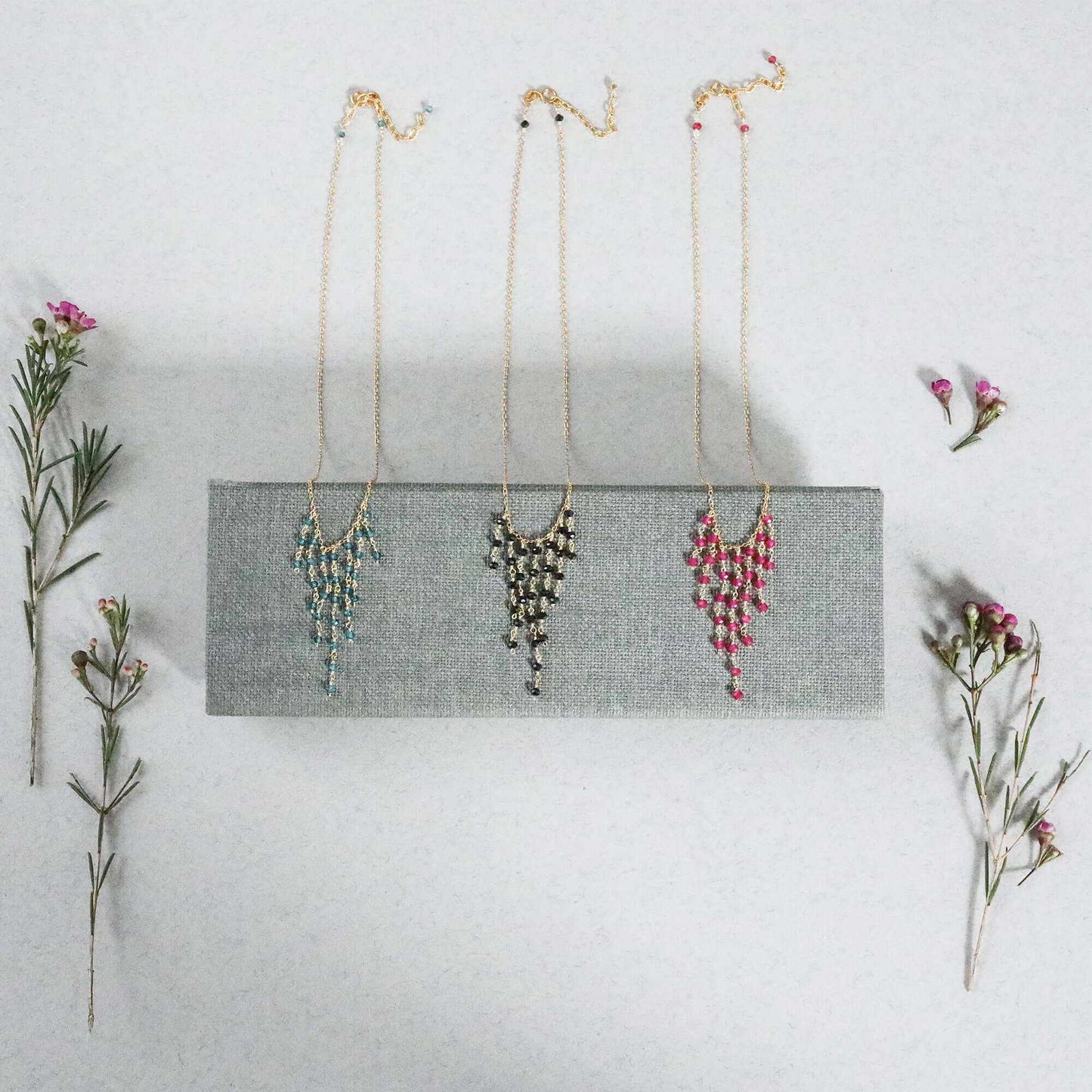 Delicate mini gemstone fringe necklace 14k gold plated sterling silver with extender chain