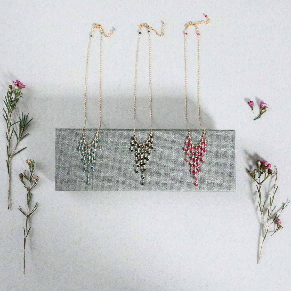 Delicate mini gemstone fringe necklace 14k gold plated sterling silver with extender chain