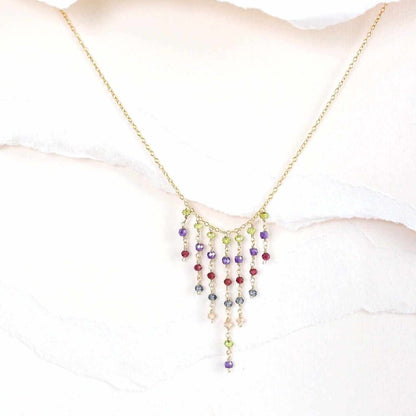 Delicate mini gemstone fringe necklace with 14k gold plated sterling silver and natural gemstones
