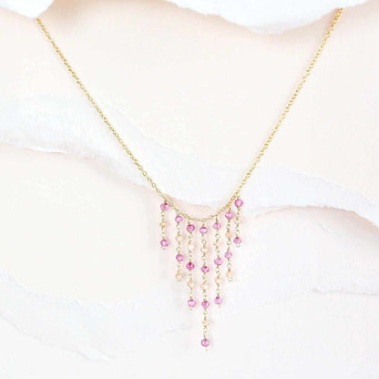 Delicate mini gemstone fringe necklace with 14k gold plated sterling silver and natural gemstones