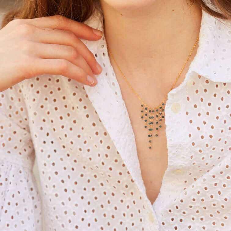 Delicate mini gemstone fringe necklace in 14k gold plated sterling silver with extender chain and spring ring clasp