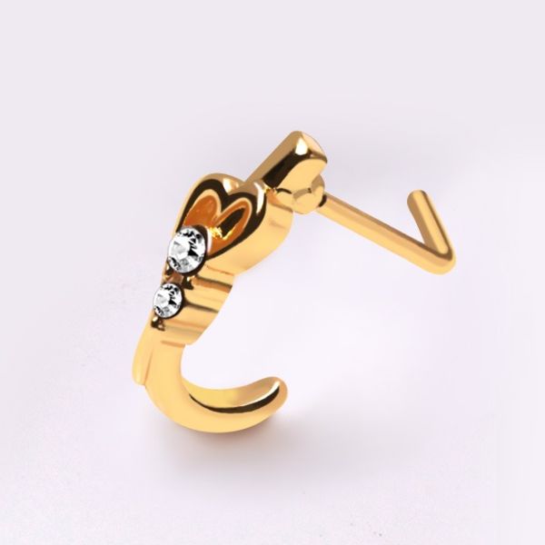 Gold Plated Jeweled Heart L Bend Half Nose Hoop