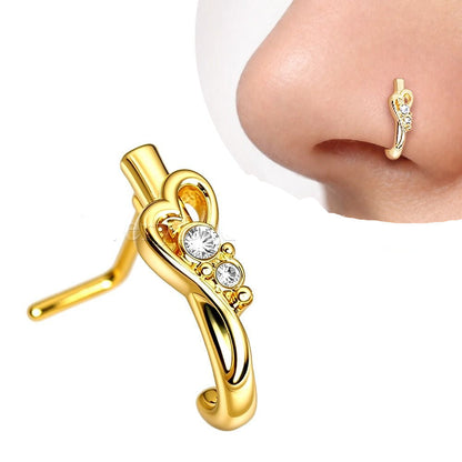 Gold Plated Jeweled Heart L Bend Half Nose Hoop