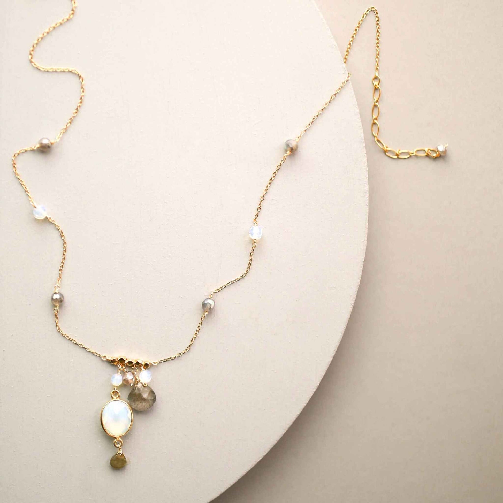 Opalite bezel necklace with gold chain and labradorite accents on 14k gold plated sterling silver