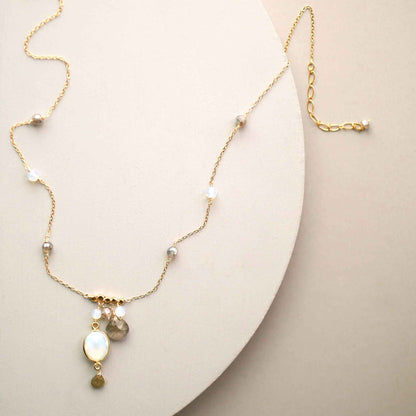 Opalite bezel necklace with gold chain and labradorite accents on 14k gold plated sterling silver
