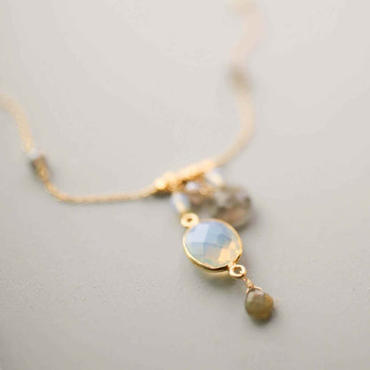 Opalite bezel necklace on gold chain with labradorite stones and spring ring clasp