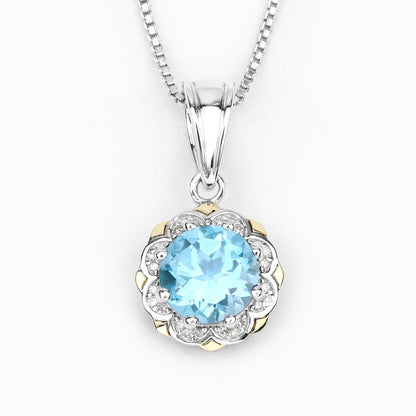 2.32 Carat Genuine Swiss Blue Topaz & White Diamond 14K Yellow Gold with .925 Silver Pendant