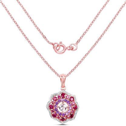 14K Rose Gold Plated 2.30 Carat Genuine Morganite, Rhodolite & Amethyst .925 Sterling Silver Pendant