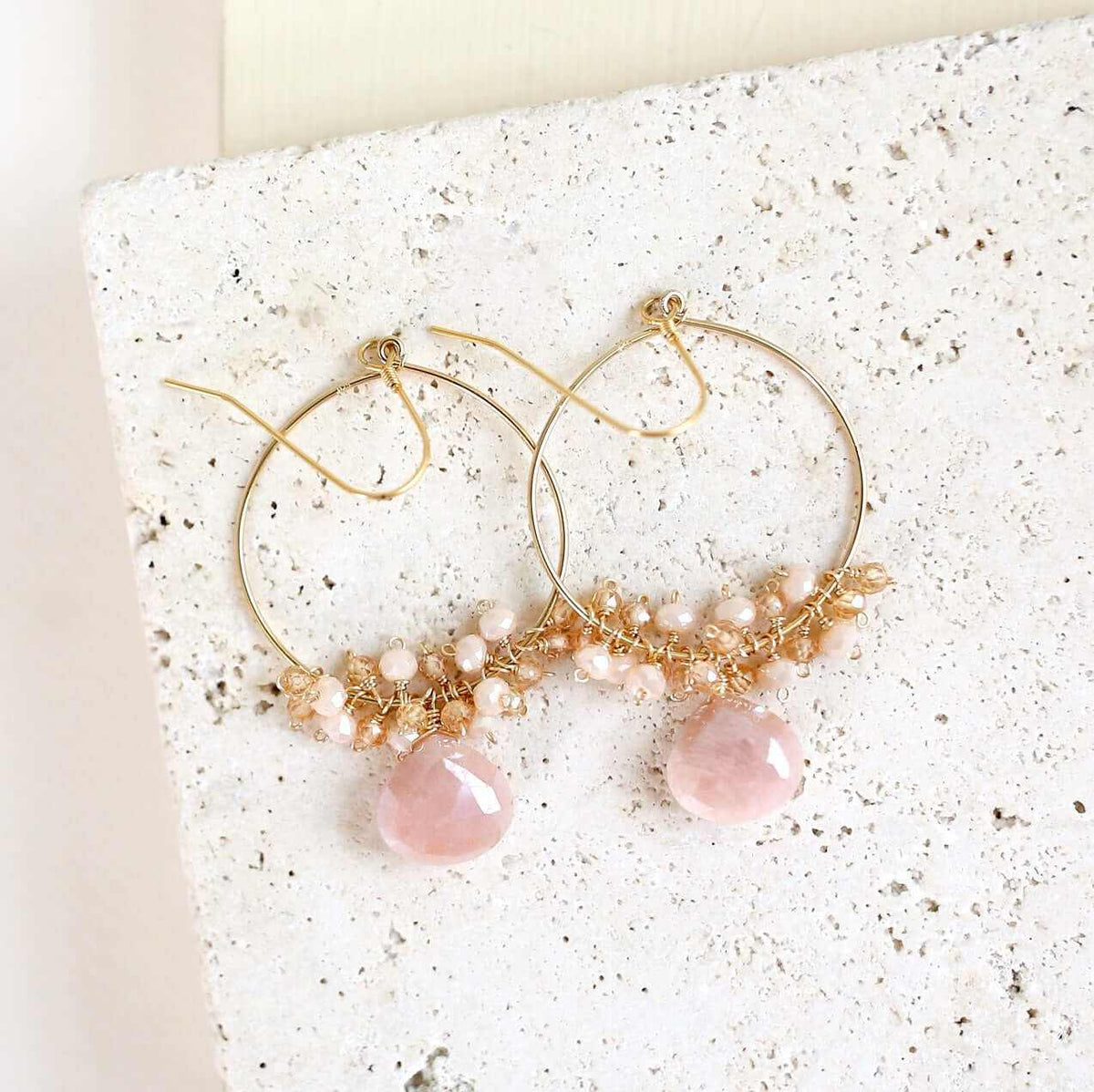 Peach Moonstone Swing Earrings with 14k gold plated hoops and French hooks, lightweight and elegant jewelry