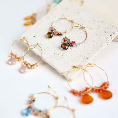 Peach Moonstone Swing Earrings with 14k gold plated French hooks and lightweight hoops