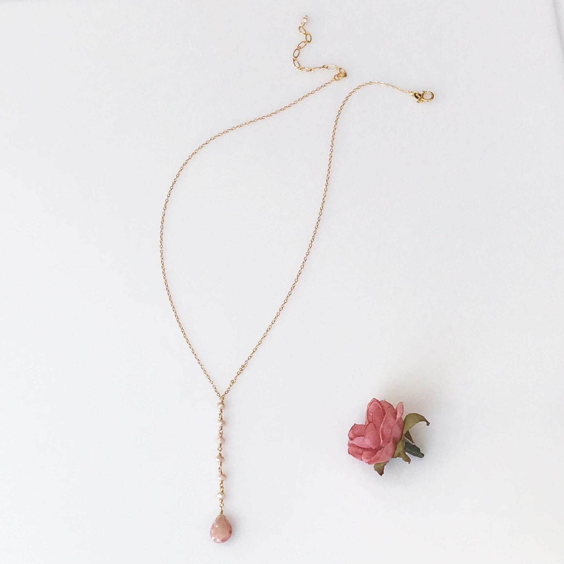 Peach Moonstone pendant necklace with 14k gold plated sterling silver and extender chain