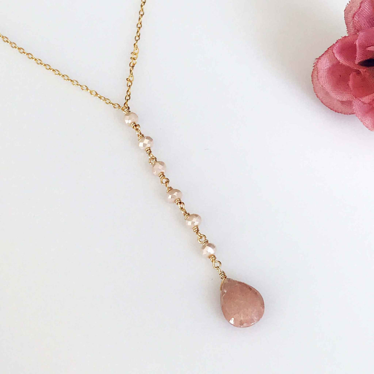 Peach Moonstone pendant necklace with 14k gold plated sterling silver and 16-18 inch chain