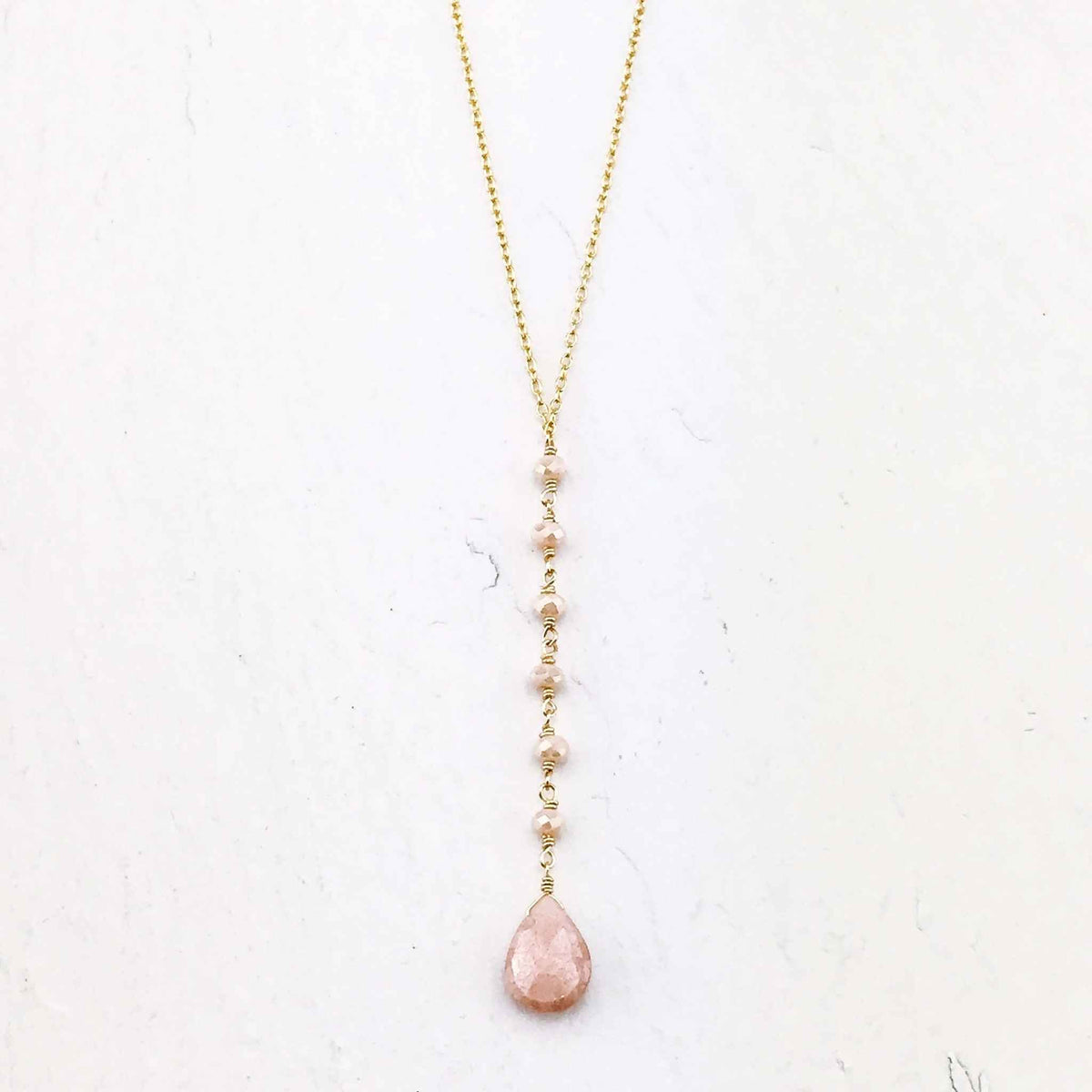 Peach Moonstone yoga pendant necklace with 14k gold plated sterling silver and adjustable chain in gift box