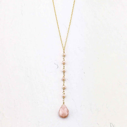 Peach Moonstone yoga pendant necklace with 14k gold plated sterling silver and adjustable chain in gift box