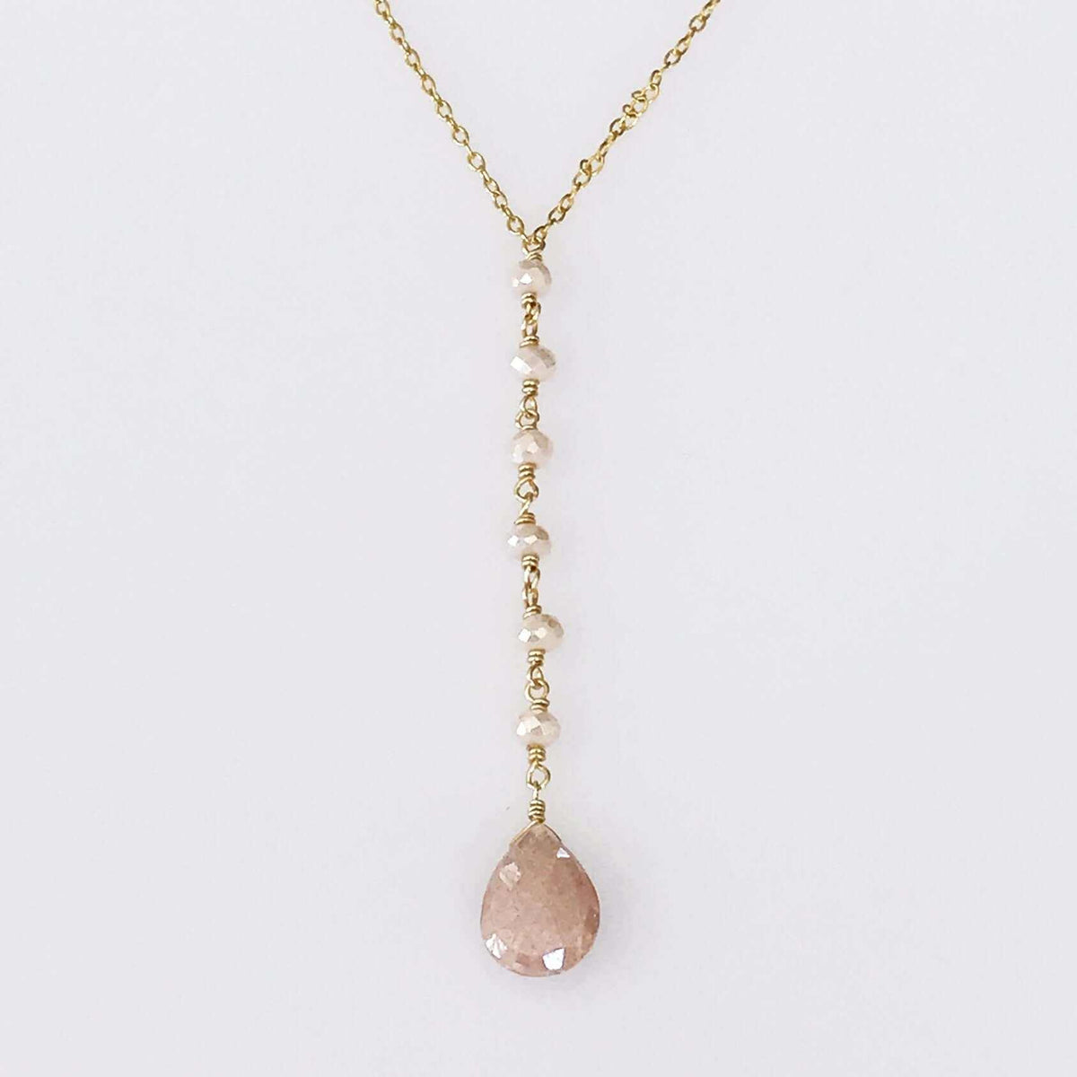 Peach Moonstone pendant necklace with 14k gold plated sterling silver on a 16-18 inch chain
