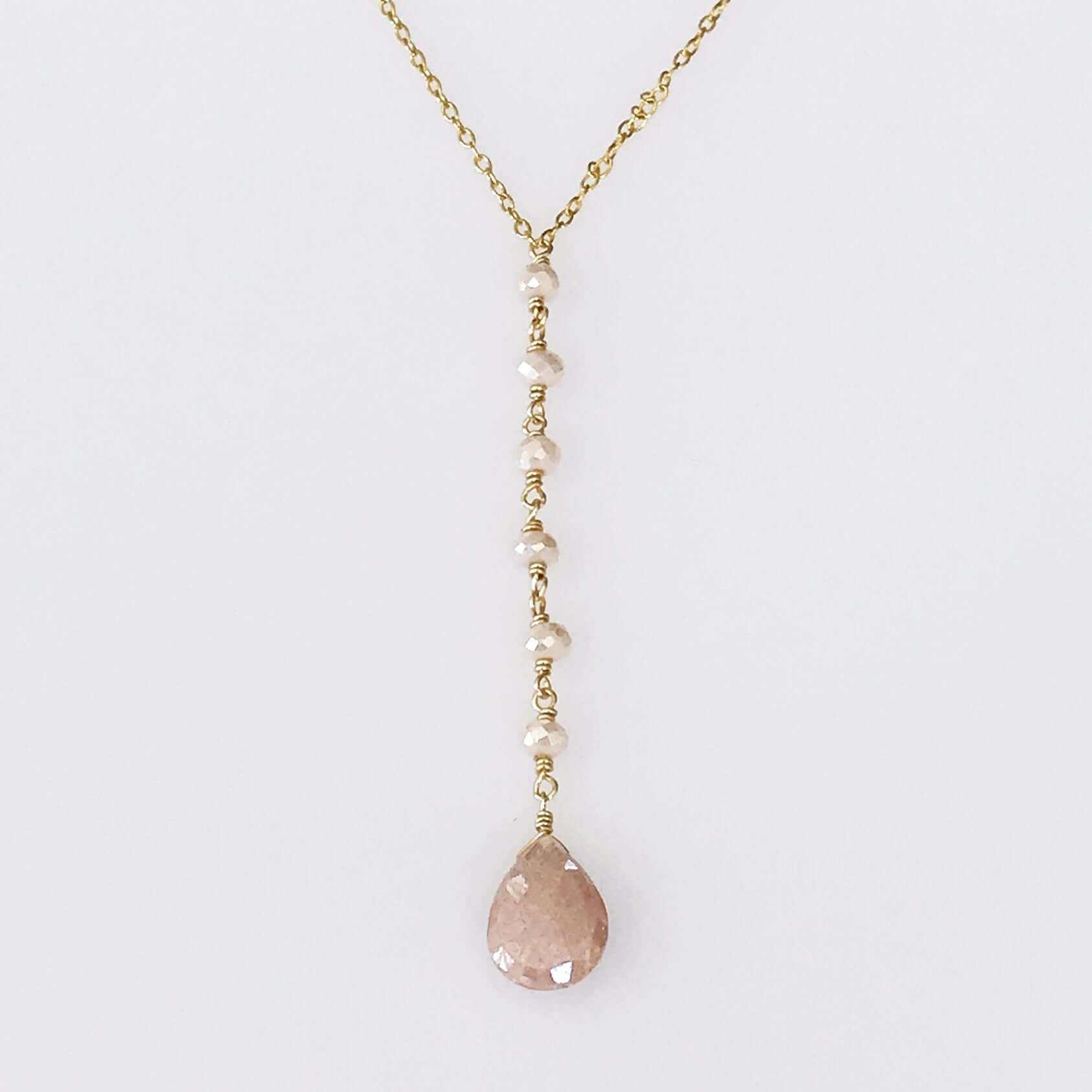 Peach Moonstone pendant necklace with 14k gold plated sterling silver on a 16-18 inch chain