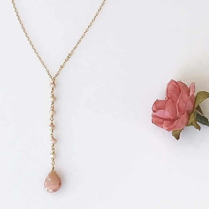 Peach Moonstone pendant necklace with gold plating and sterling silver chain