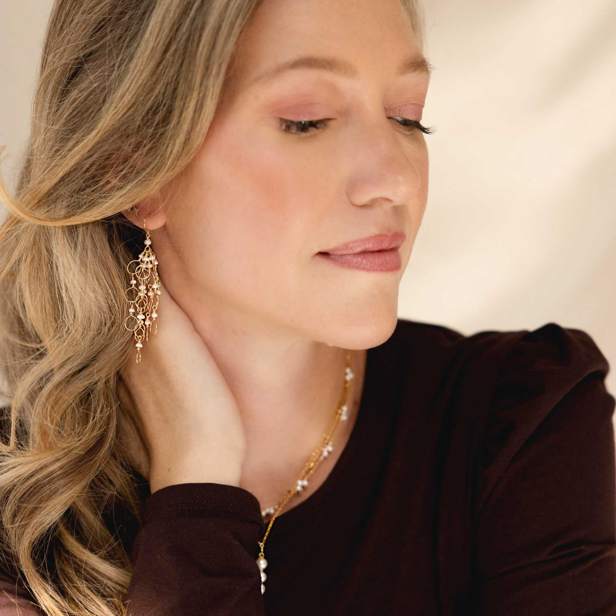 Delicate handmade pearl chain loop earrings with 14k gold plated silver and freshwater pearls
