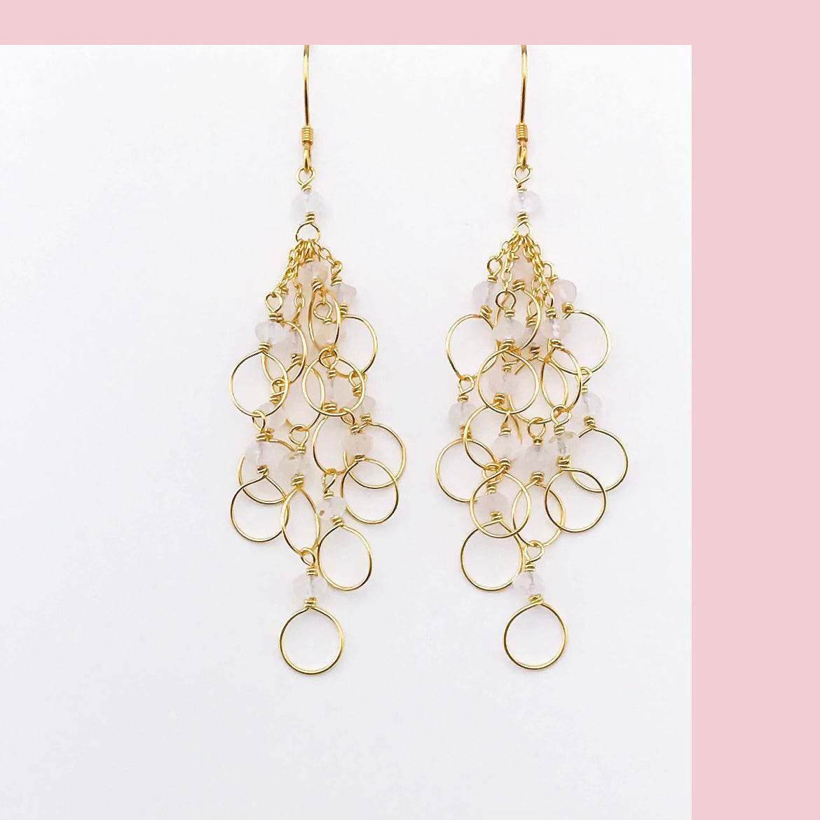 Handmade pearl chain loop earrings with 14k gold plated 925 silver, featuring natural freshwater pearls and French hooks.