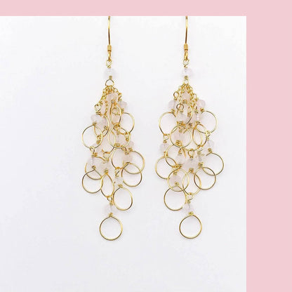 Handmade pearl chain loop earrings with 14k gold plated 925 silver, featuring natural freshwater pearls and French hooks.