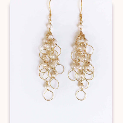 Handmade pearl chain loop earrings with 14k gold plated silver and freshwater pearls