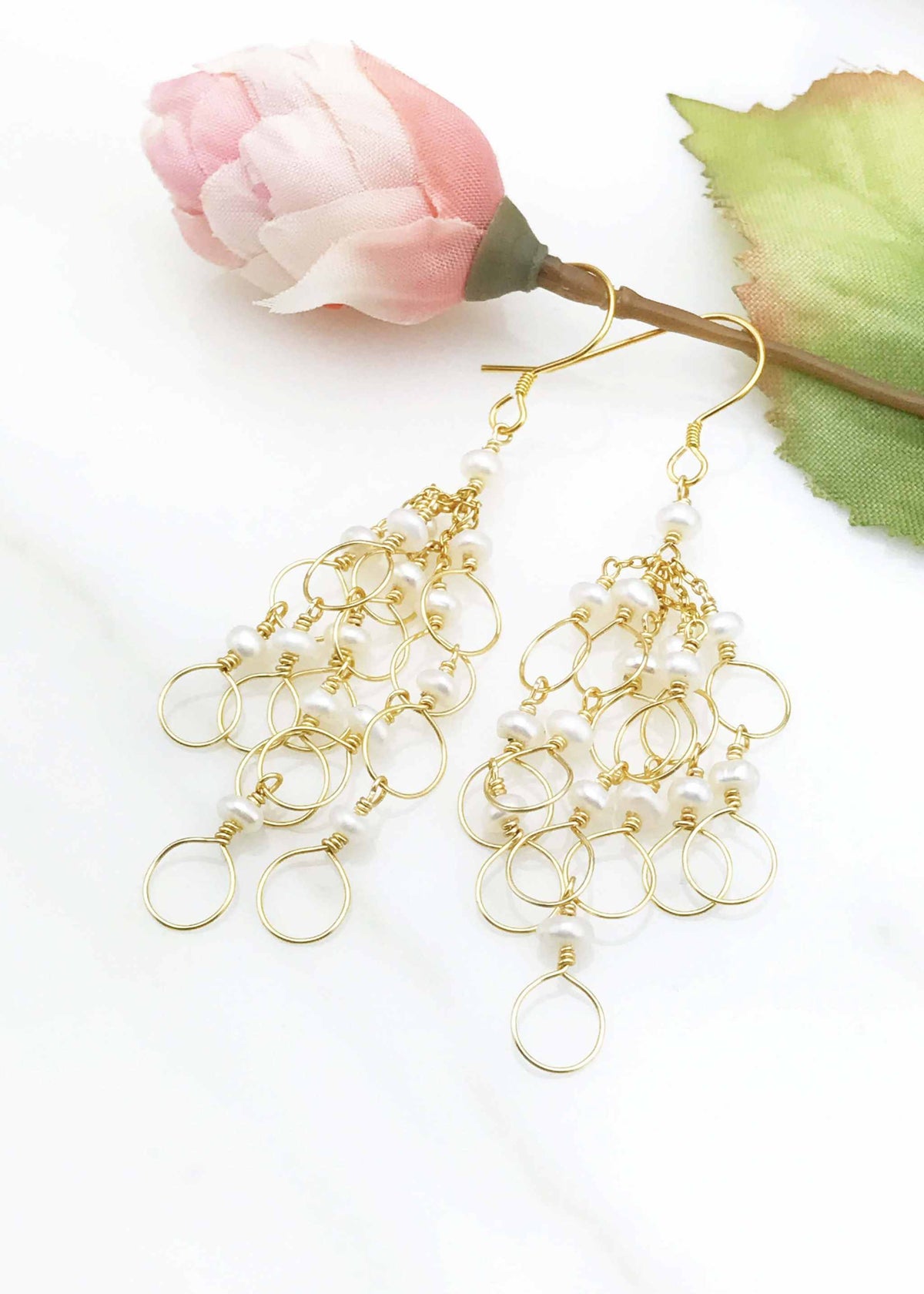 Handmade pearl chain loop earrings 3-inch gold vermeil with freshwater pearls and French hooks