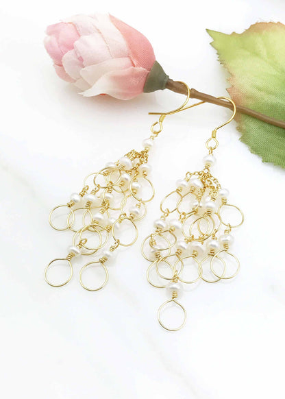 Handmade pearl chain loop earrings 3-inch gold vermeil with freshwater pearls and French hooks
