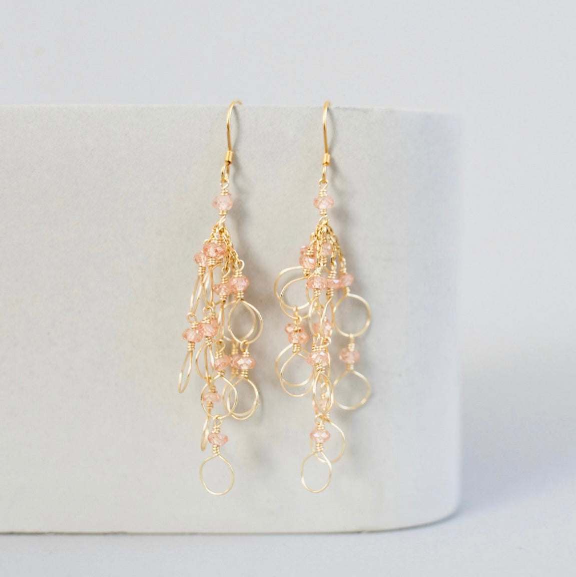 Handmade lightweight pearl chain loop earrings with 14k gold plated silver and French hooks
