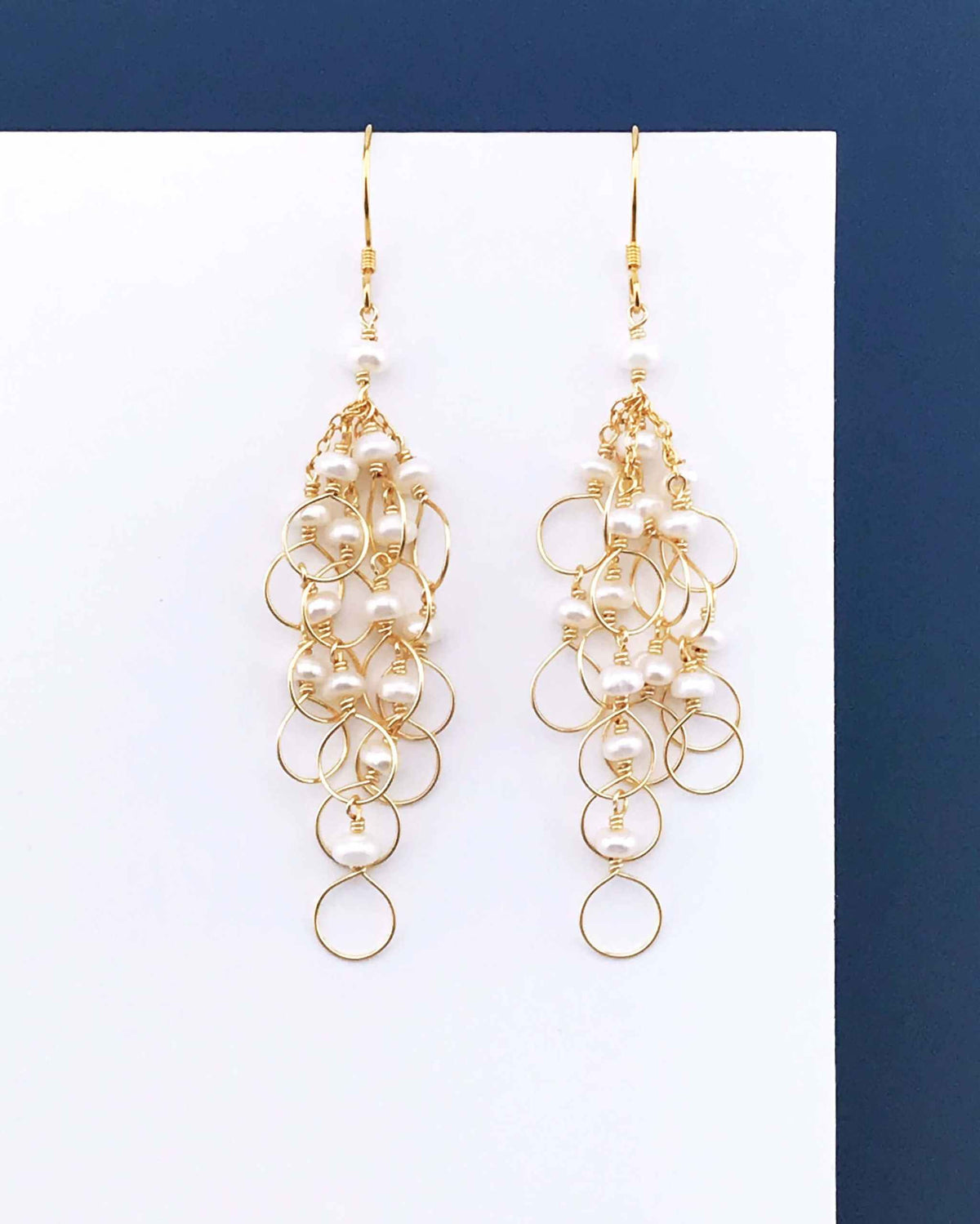 Handmade pearl chain loop earrings with freshwater pearls and 14k gold plated silver hooks