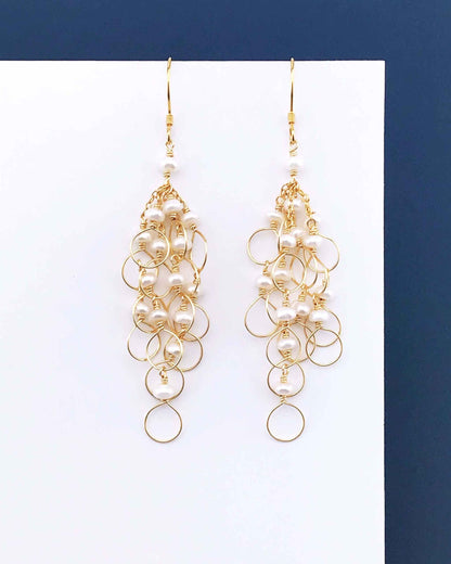 Handmade pearl chain loop earrings with freshwater pearls and 14k gold plated silver hooks
