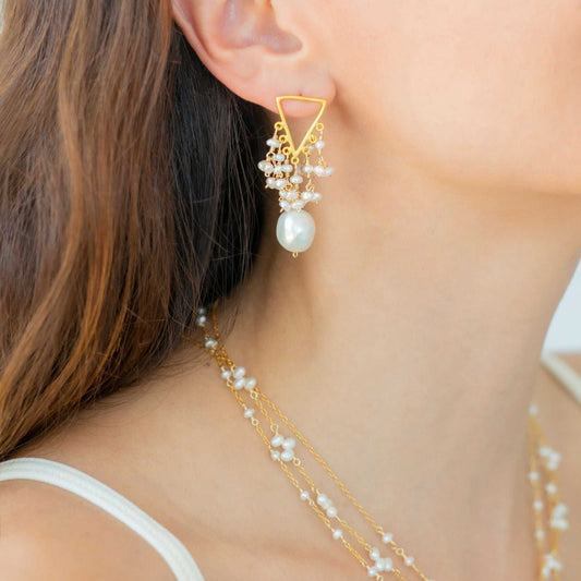 Close-up of 14k gold plated freshwater pearl fringe earrings with post backs on display