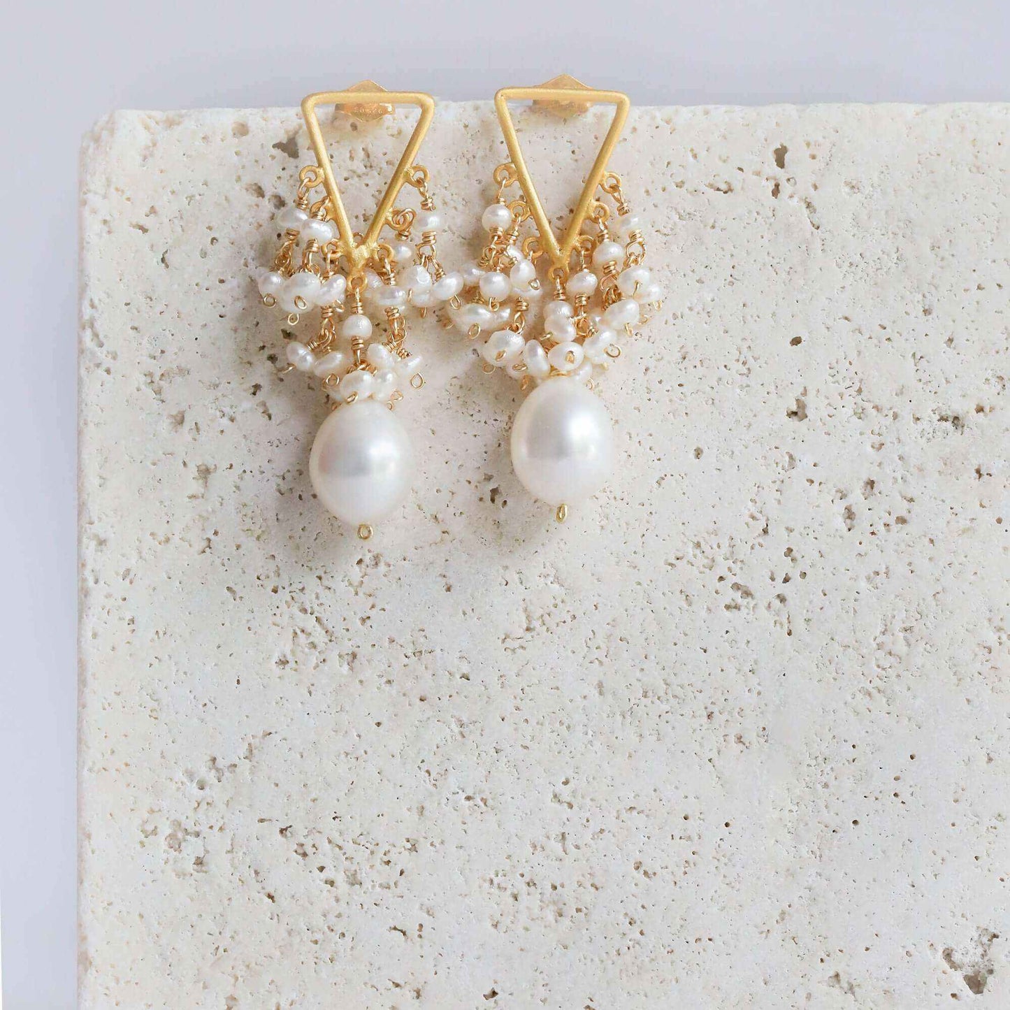 Freshwater pearl fringe earrings with 14k gold plated Italian silver, 1.25" length, post backs, and tarnish-resistant finish