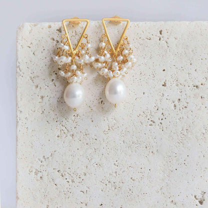 Freshwater pearl fringe earrings with 14k gold plated Italian silver, 1.25" length, post backs, and tarnish-resistant finish