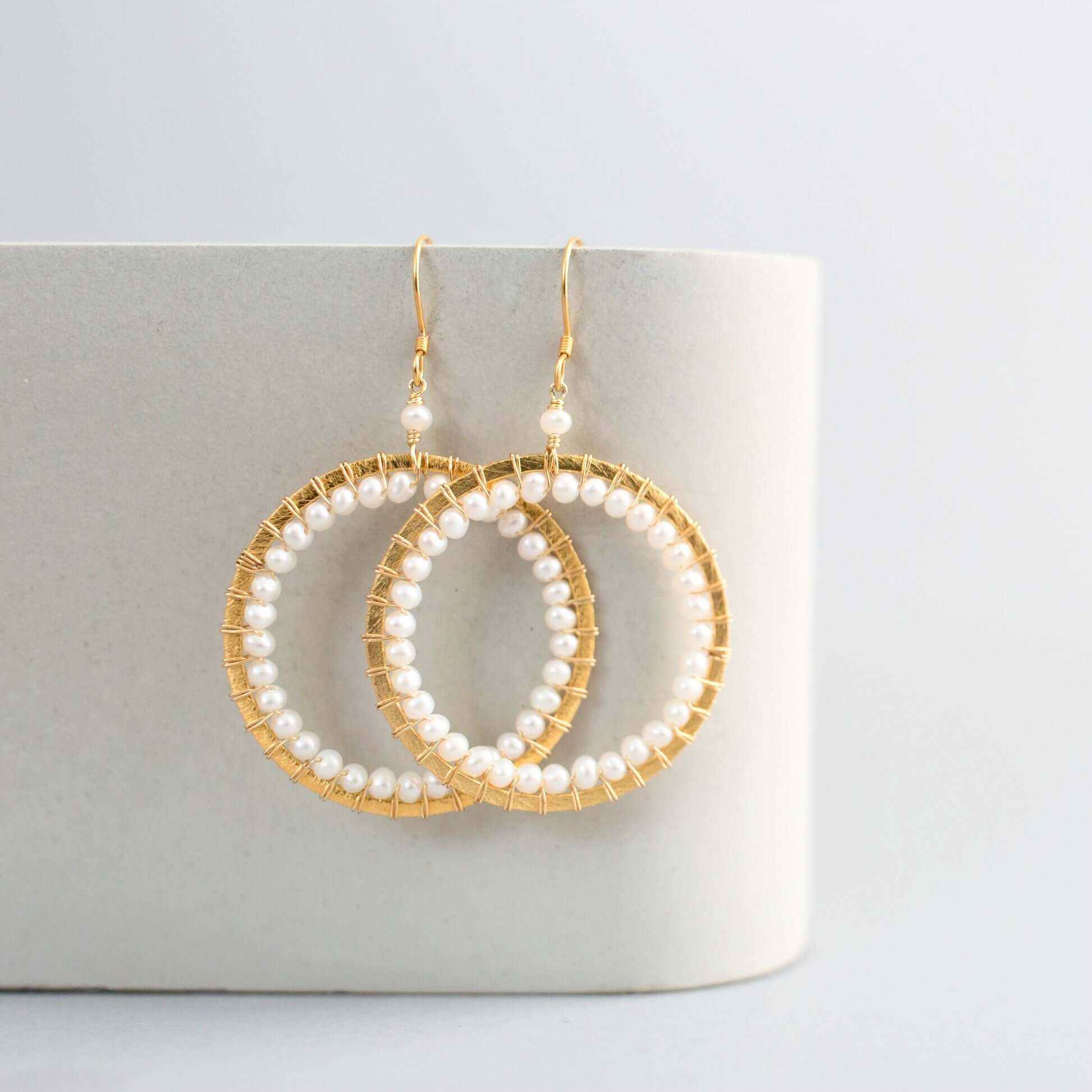 Pearl Halo Earrings 14k gold plated with lustrous pearls and French hooks in bespoke gift box