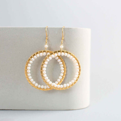 Pearl Halo Earrings 14k gold plated with lustrous pearls and French hooks in bespoke gift box