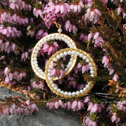 Pearl Halo Earrings 14k gold plated silver lightweight hoops with lustrous pearls