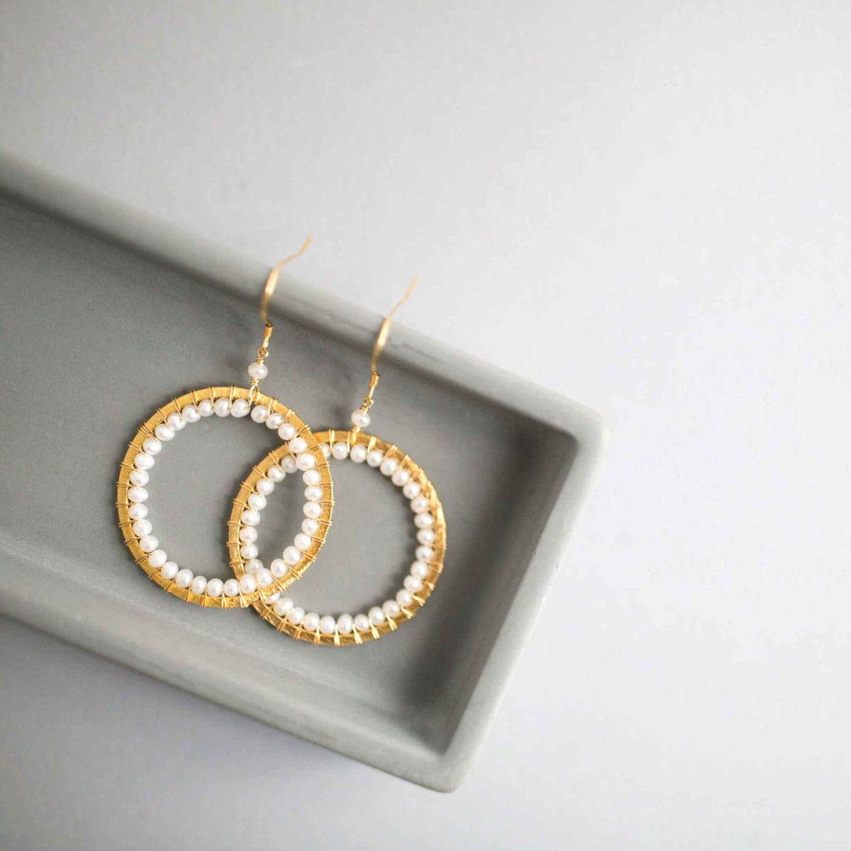 Pearl Halo Earrings 14k gold plated sterling silver with lustrous pearls and French hooks