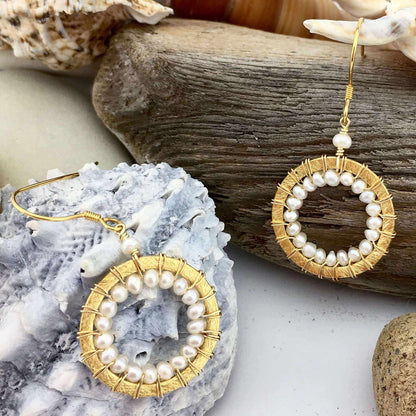 Pearl Mini Halo Earrings freshwater pearls 1.5 inch gold plated sterling silver handmade gift box