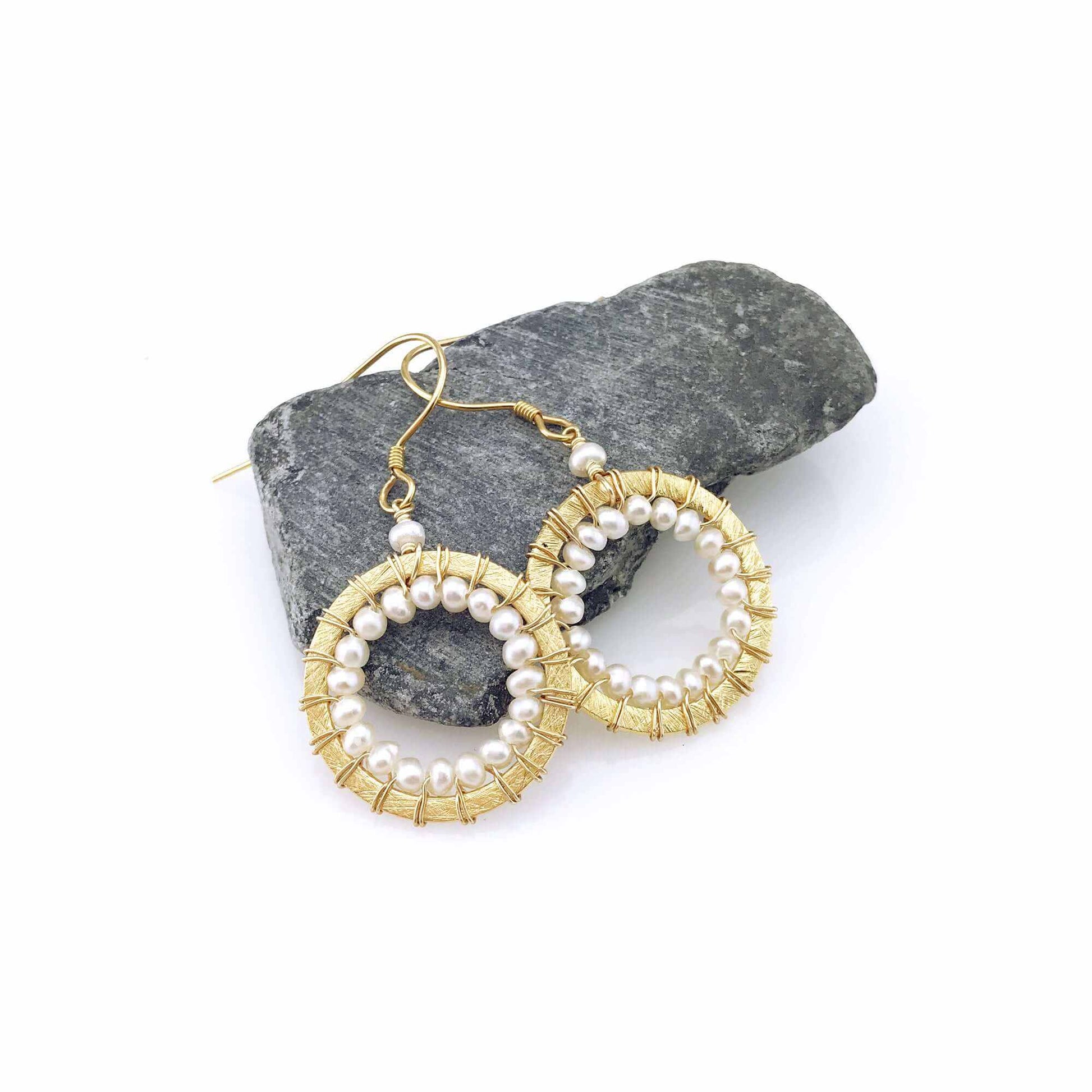 Pearl Mini Halo Earrings with freshwater pearls and 14k gold plated sterling silver French hooks, 1.5" long, handmade, gift boxed.