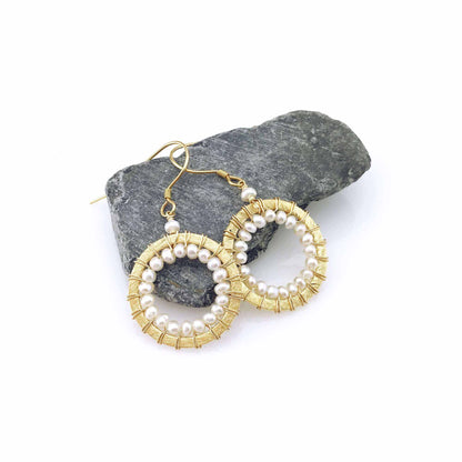 Pearl Mini Halo Earrings with freshwater pearls and 14k gold plated sterling silver French hooks, 1.5" long, handmade, gift boxed.