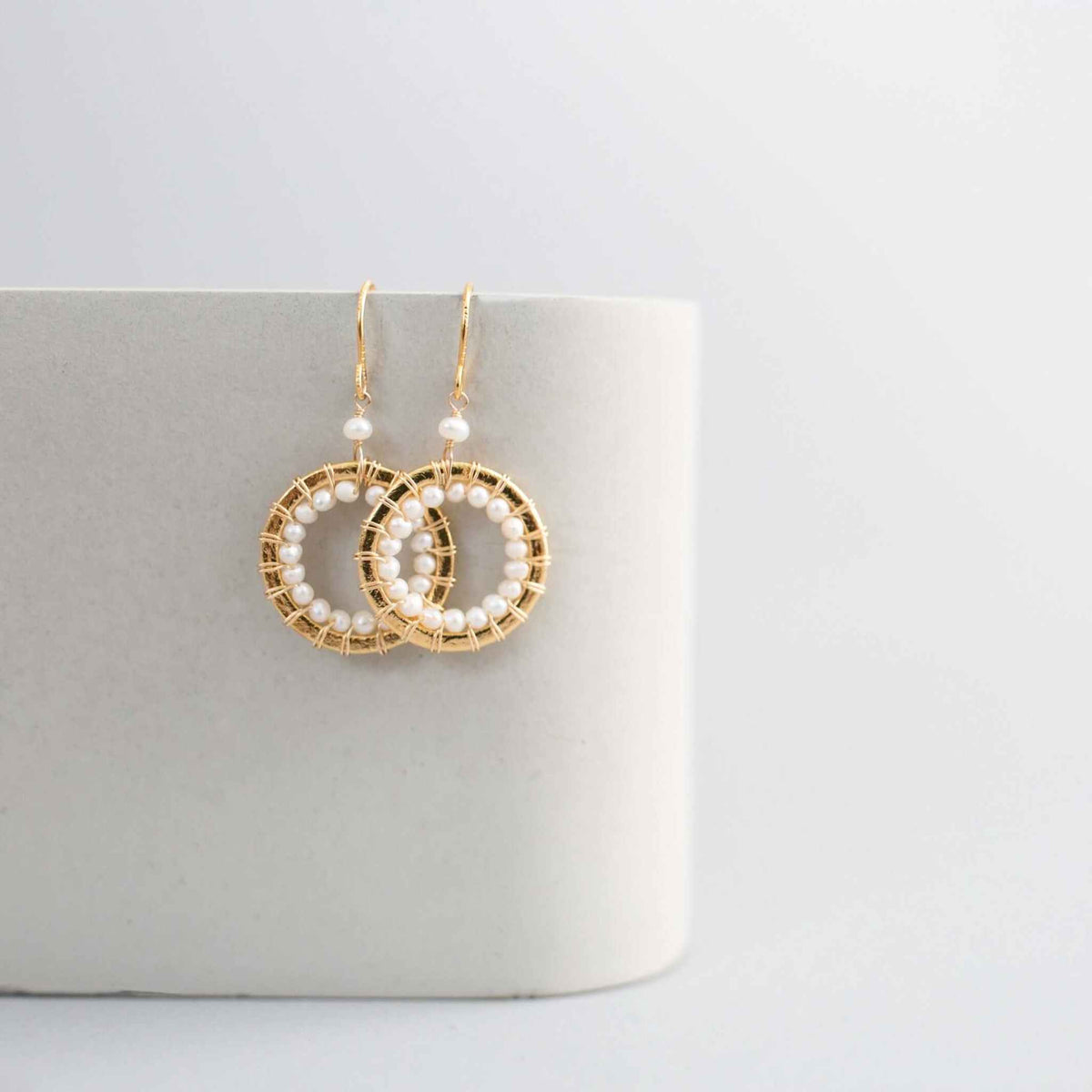Pearl Mini Halo Earrings with freshwater pearls and 14k gold plated sterling silver French hooks, 1.5" long, gift boxed and made in NYC