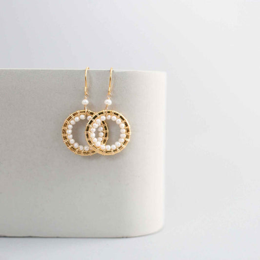 Pearl Mini Halo Earrings with freshwater pearls and 14k gold plated sterling silver French hooks, 1.5" long, gift boxed and made in NYC