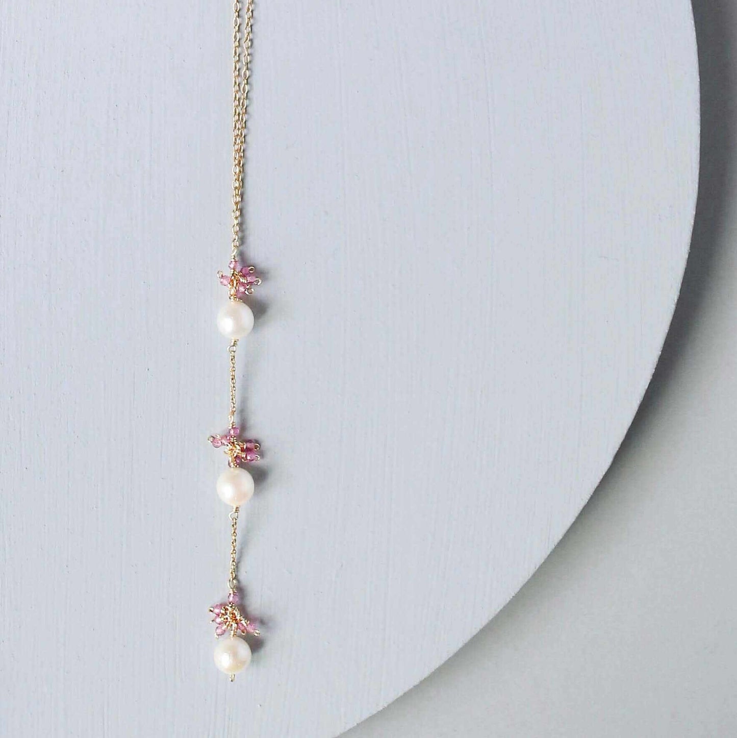 18-inch handmade Pearl And Pink Tourmaline Necklace with freshwater pearls and pink tourmaline on 14k gold plated sterling silver