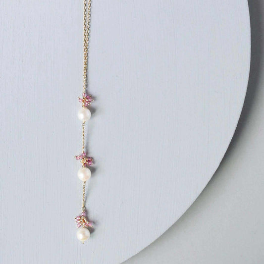 18-inch handmade Pearl And Pink Tourmaline Necklace with freshwater pearls and pink tourmaline on 14k gold plated sterling silver